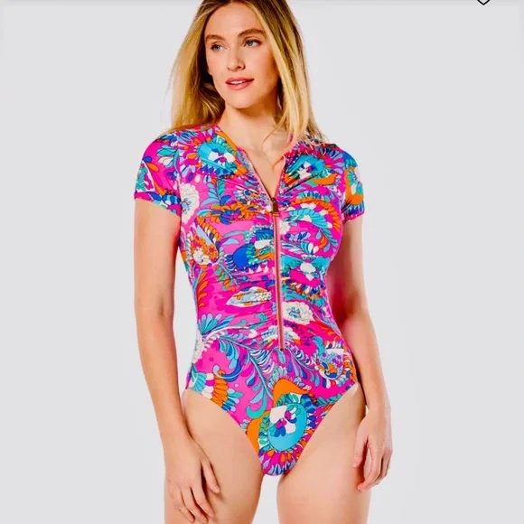 🆕 🔖 kate spade ♠️ Sea Garden Zip Up RashGuard Swimsuit✨Radiant Pink✨Small✨NWT! - Picture 15 of 16